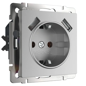Изображение Розетка с заземлением, шторками и USBх2 (серебряный) W1171506